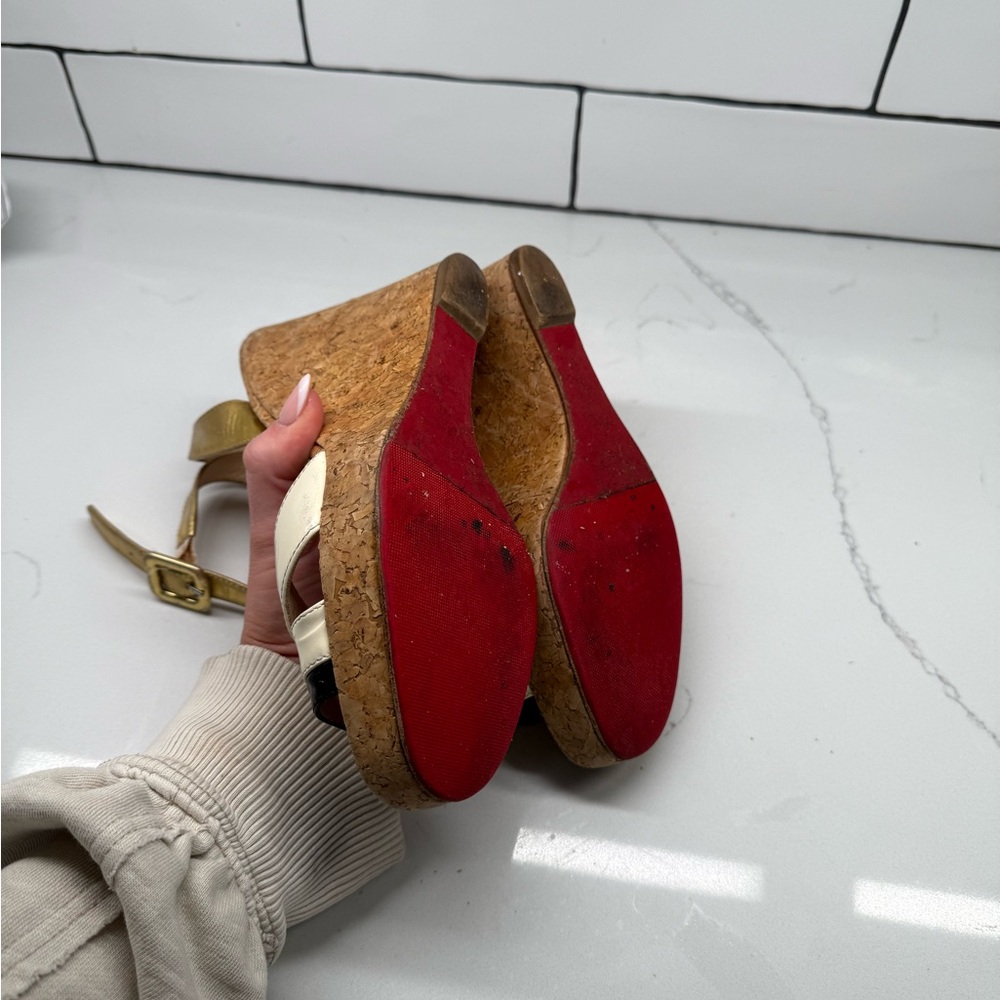 Christian Louboutin Paris Cork Wedge Sandals Size 37 Gold & Cream